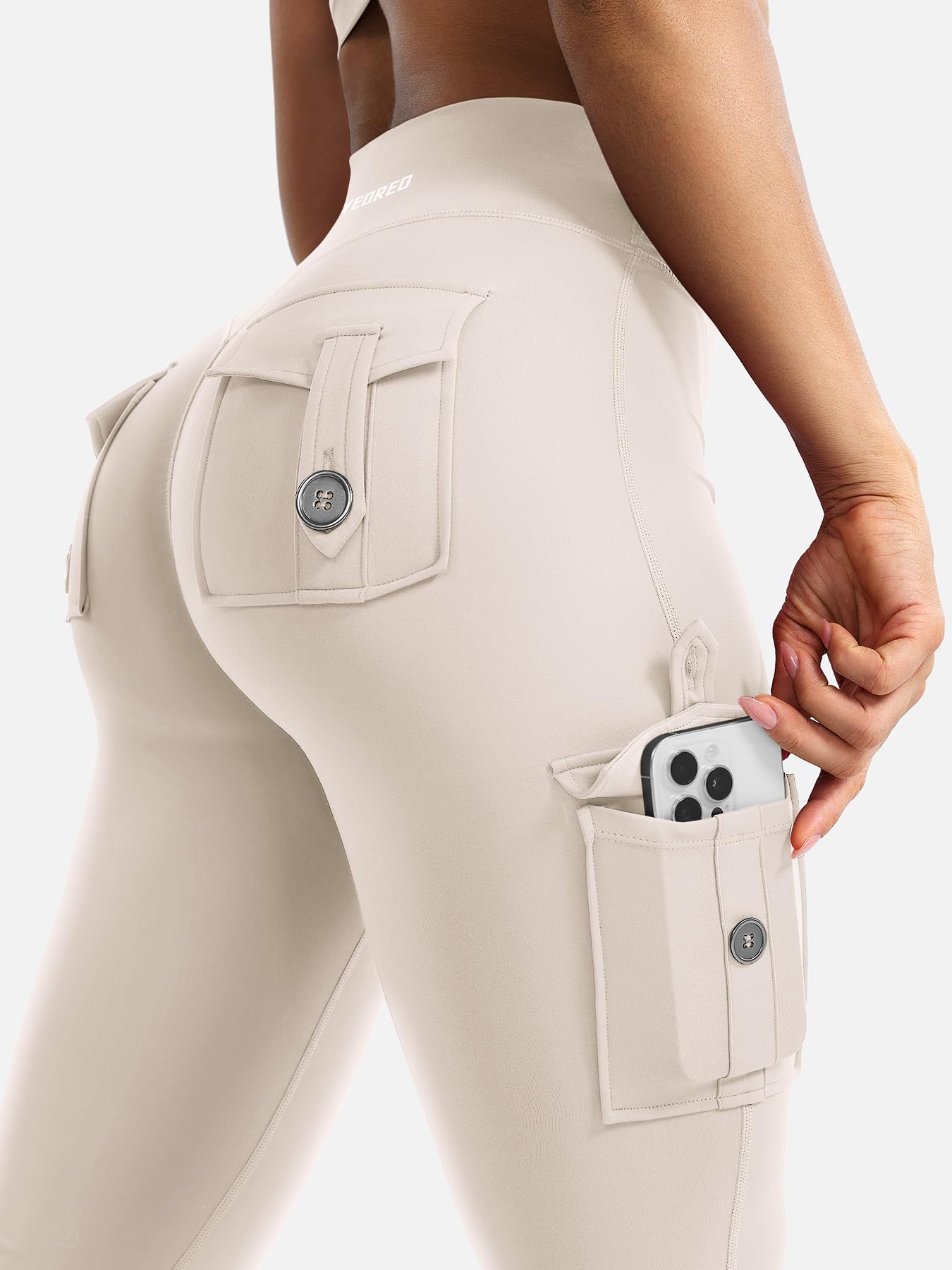 YEOREO CoreFlex Women Workout Flare Leggings with Pockets Hidden Scrunch High Waisted Cargo Gym Yoga No Front Seam Leggings Light Khaki M