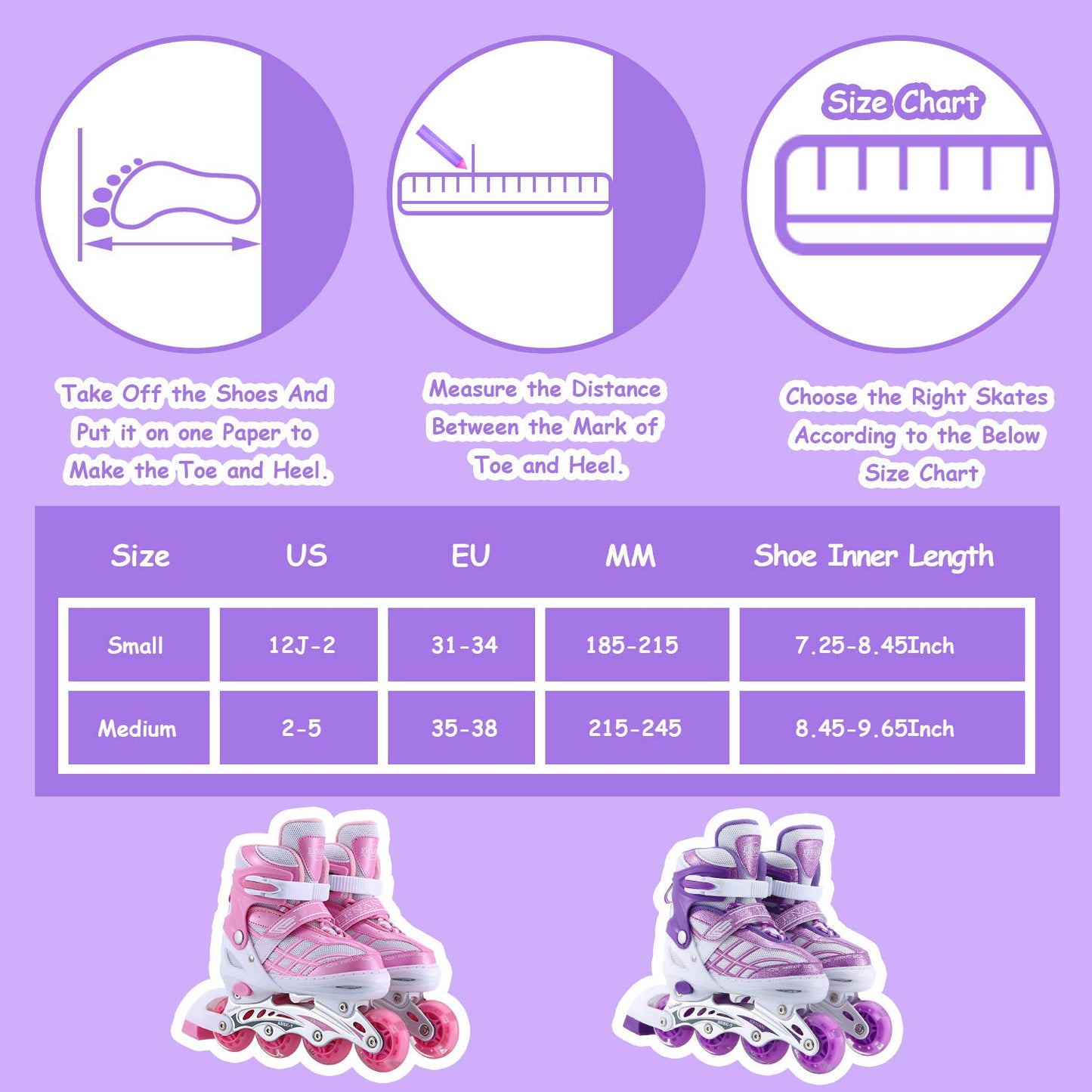 Kids Inline Skates for Girls Boys Beginners Adjustable, All 8 Wheels Illuminating. (Purple, Small (12J-2))