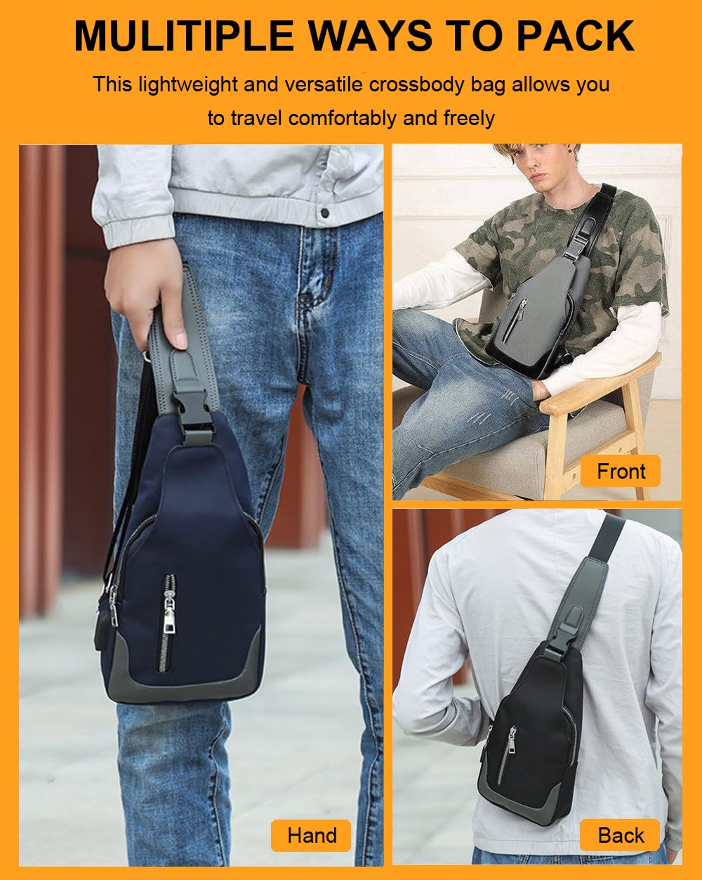 Hiflyer Men's Crossbody Bag - Waterproof Sling Backpack for Men, Shoulder Bag with Multiple Compartments (Black)