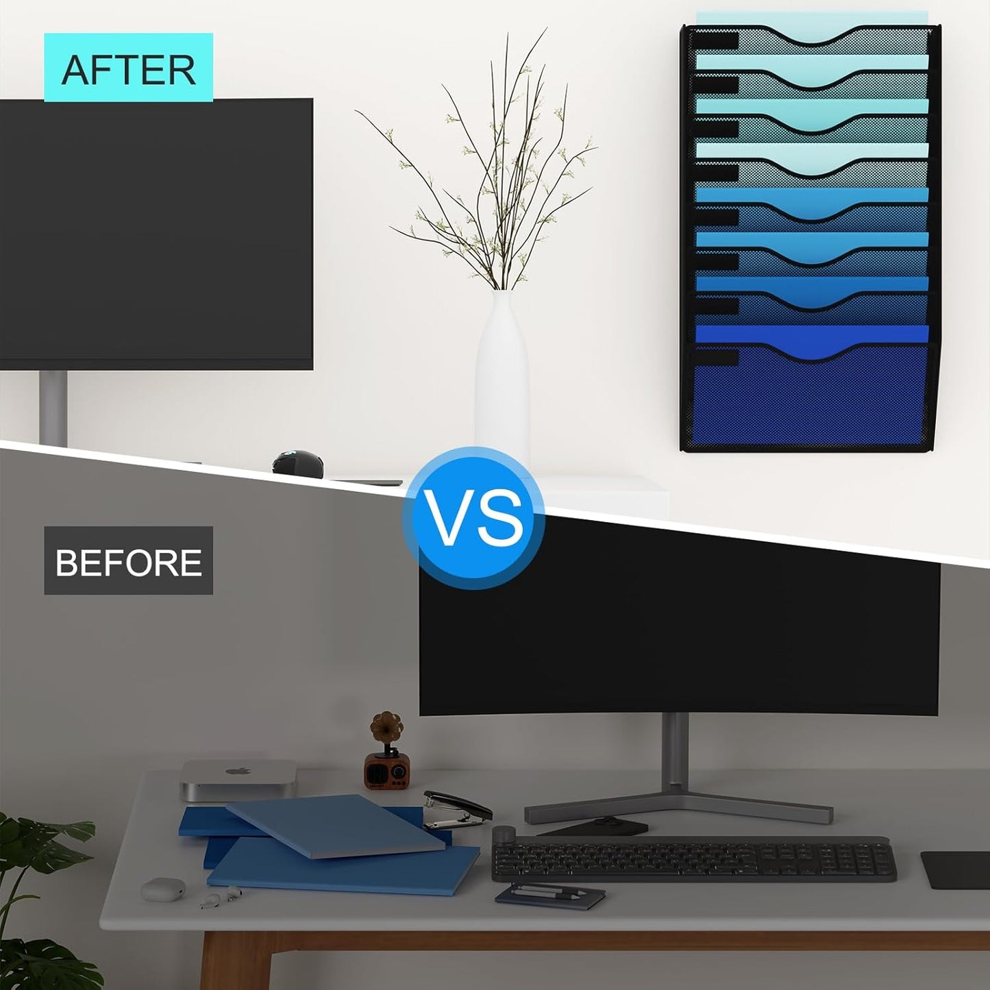 5 Pockets Mesh Hanging Wall File Holder Organizer Wall Mounted Paper Magazine Rack, Black