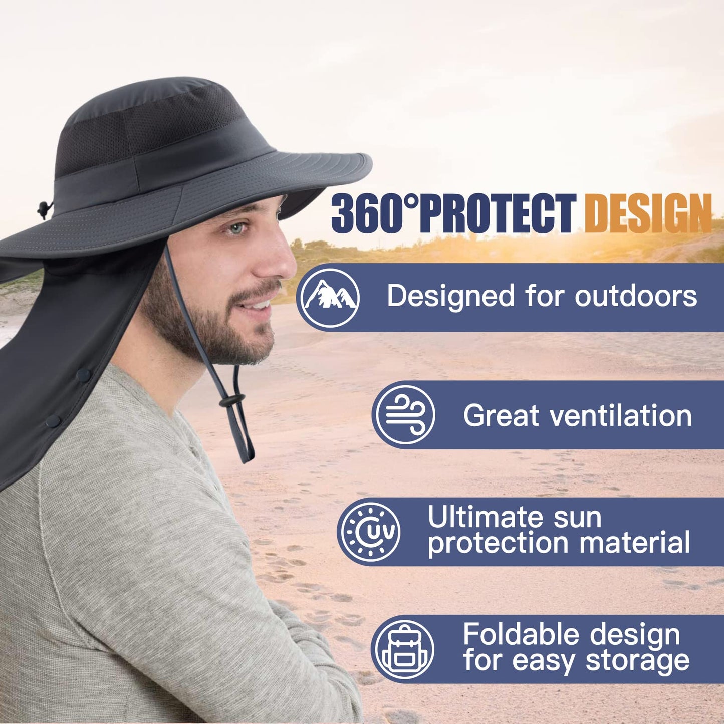 Sclzoed Fishing Hat for Men，Outdoor Sun Hat UPF52+ Mesh Wide Brim Fishing Hat with Neck Flap Navy Blue