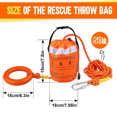 Water Rescue Throw Bag with 50FT Rope in 3/10In, Throwable Floating Device Tensile Strength Rated to 1844lbs with Reflective Strap, Emergency Safety Equipment for Kayaking, Boating, Fishing, Rafting