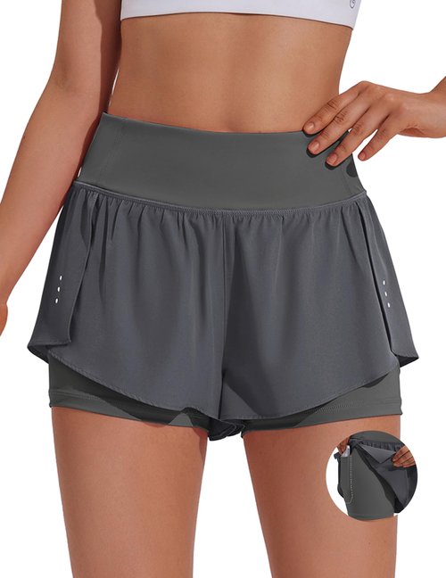PINSPARK Women Running Short with Liner Comfy High Waisted Athletic Gym Yoga Shorts for Workout Travelling Jogging Graphite Gray S