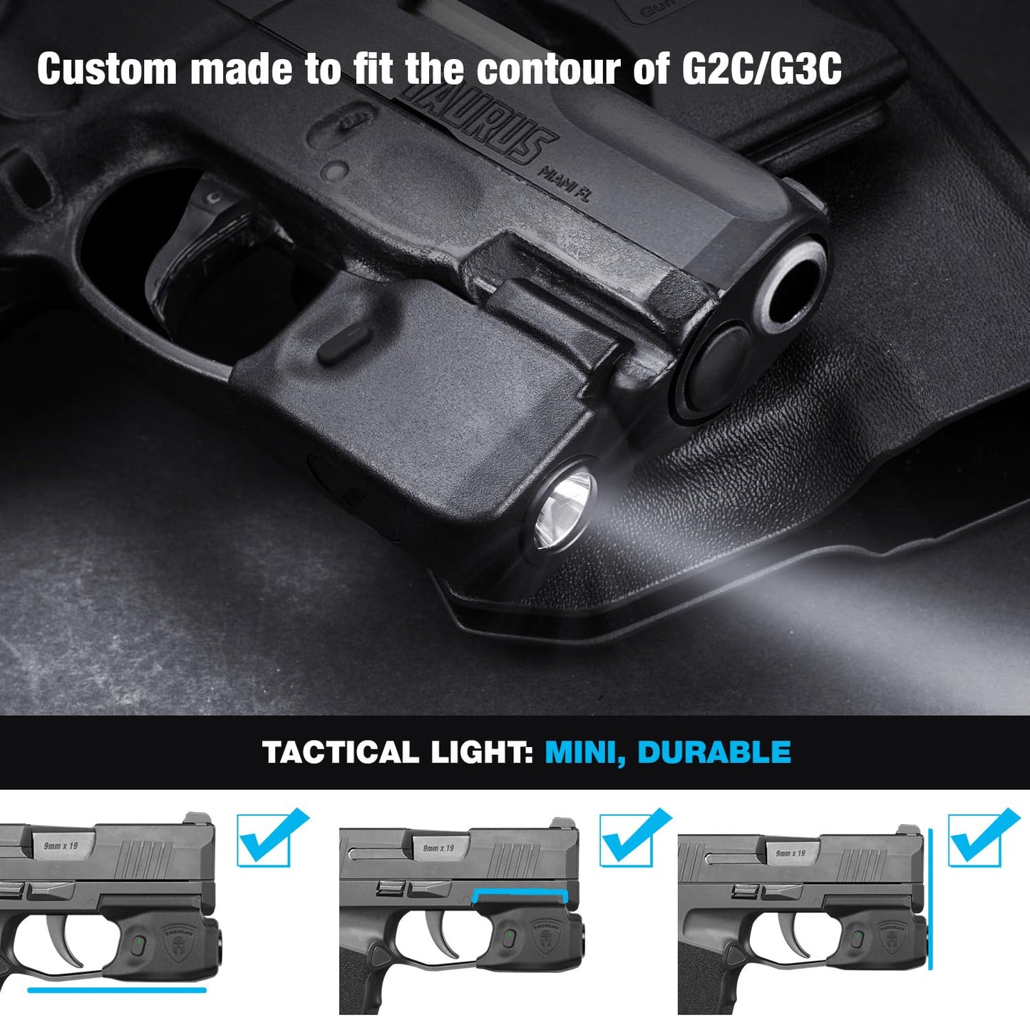 Taurus G2C Light, Taurus G3C Light, Pistol Light Fits G2C Taurus Light, G3C Taurus Light, 150 Lumens PT111 Light PT140 Light with Kydex Holster Included, Black