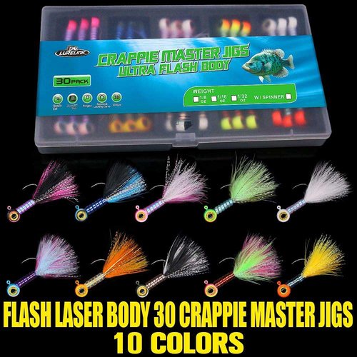 LURELINK Marabou Hair Jigs - Crappie & Panfish Fishing Baits & Lures Kit - 1/8, 1/16, 1/32 oz (Ultra Flash 30 Master Jigs, 1.8g)