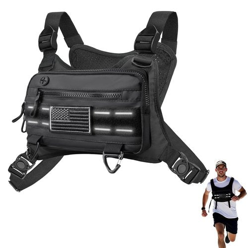 Chest Bag For Men, Water Resistant Sport Chest Pack - Lightweight Running Vest Bag with Built-In Phone Holder & Extra Storage, Minimalist Pack for Workouts and Cycling (Black)