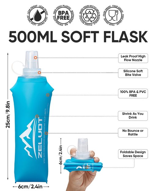 Zelvot Running Vest Soft Flask, BPA-Free 500ml Collapsible Water Bottle for Hydration Backpack, Folding Running Water Bottle for Running Hiking Cycling Climbing (White, 500 ML)