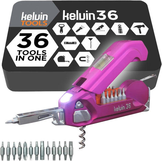 Kelvin Tools K-36 Multi-Tool Set, 36 Integrated Tools, 26 Bit Screwdriver Set, Tape Measure, Corkscrew (Black)