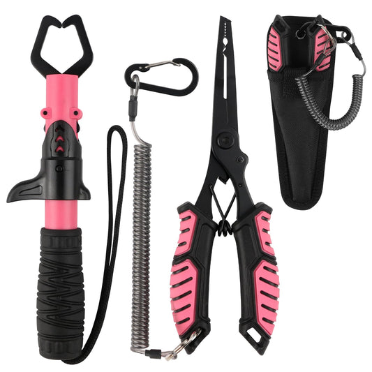 mouhike Fishing Pliers Fish Lip Gripper Fishing Tool Kit Muti-Function Saltwater Fishing Line Cutter Hook Remover with Sheath Lanyard, Fly Ice Fishing Gear Fishing Gifts for Men Women (Pink & Black)