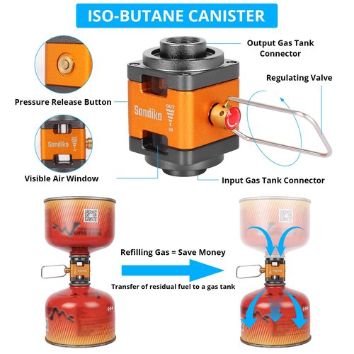 Sondiko Butane/Isobutane Refill Adapter, Fuel Transfer Device, Gas Converter Isobutane Canister Shifter, Gas Saver Plus for Fuel Canister, Backpacking Camping Stove, Burners