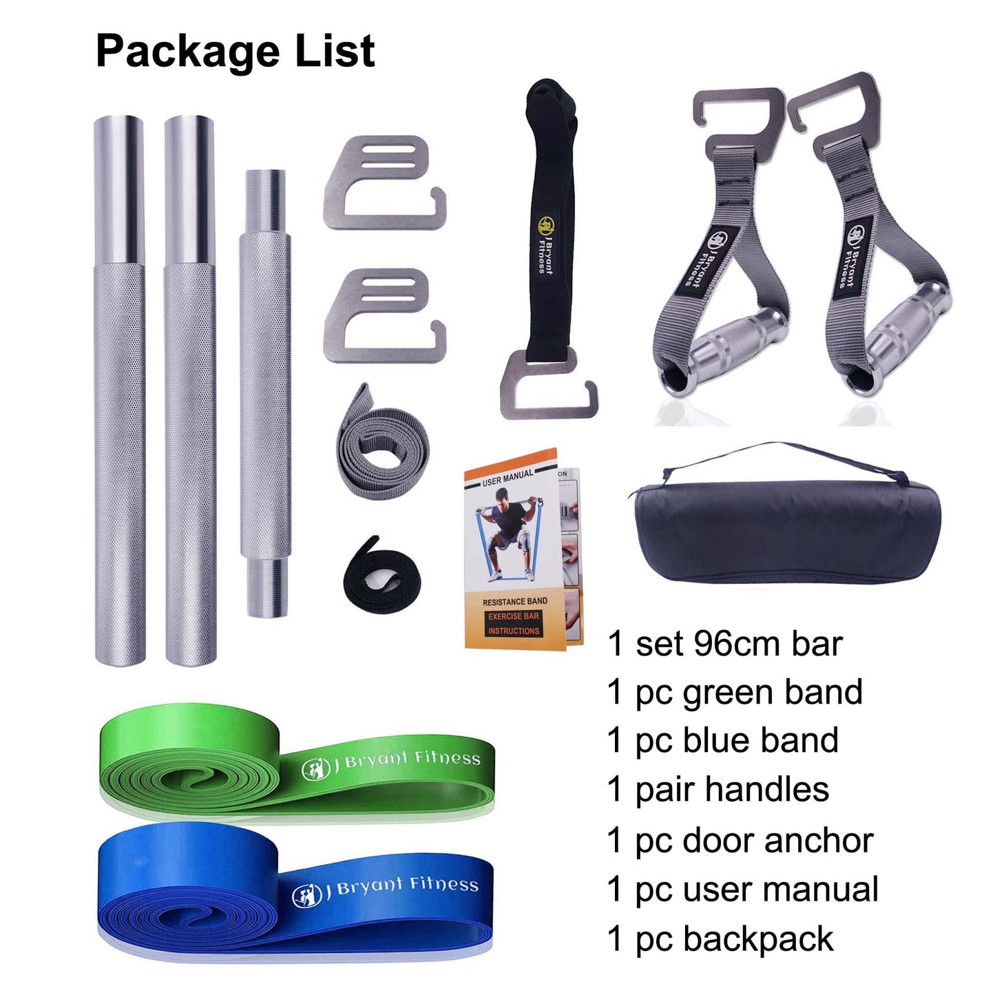 J Bryant Fitness Heavy-Duty Resistance Band Bar with 2 Resistance Bands, E-Shaped Hook Design, 500lb Load Capacity, Anti-Slip Surface, Carry Bag Included, for Strength Training and Fitness