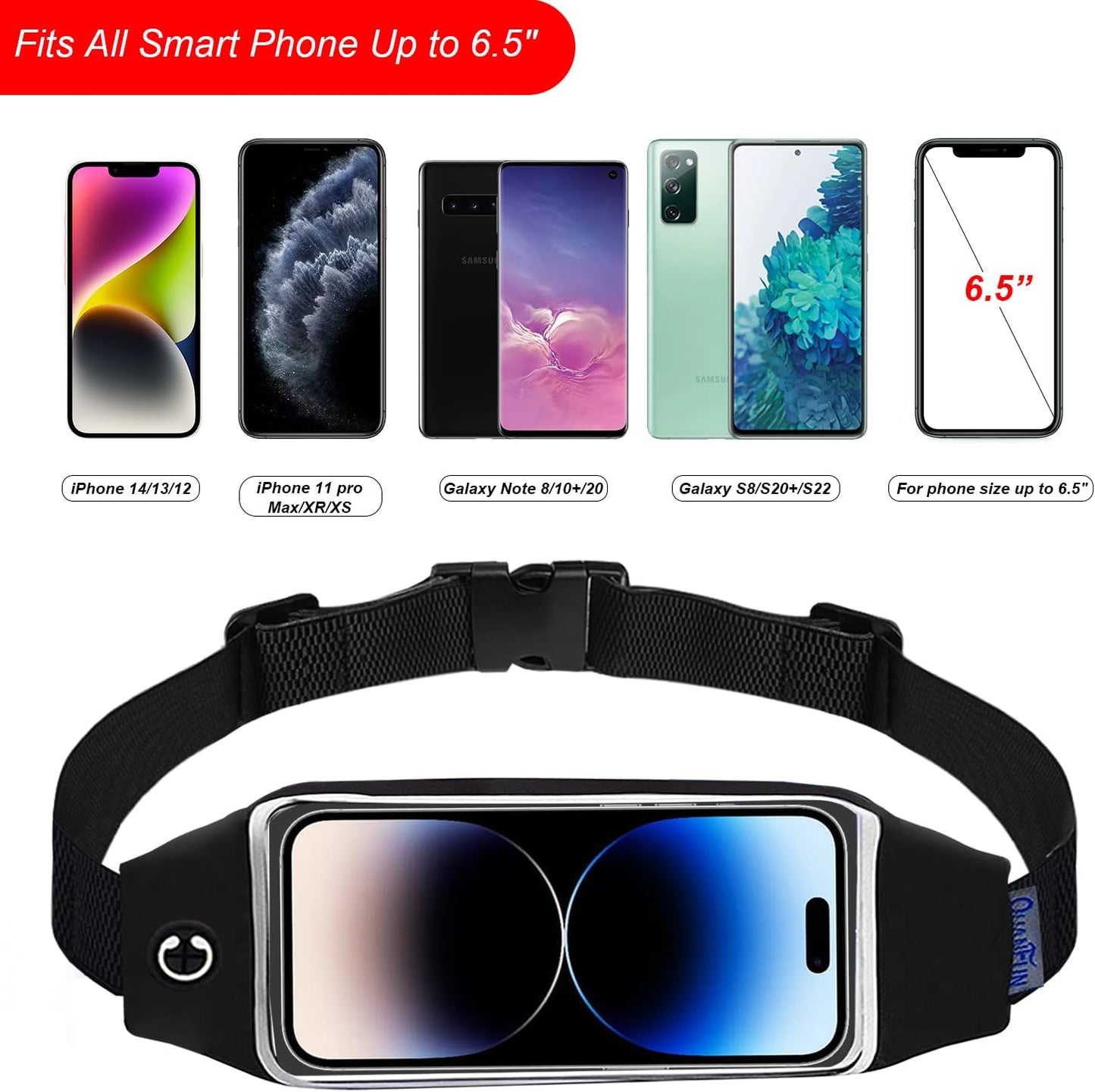 Running Belt for Women Men, Fanny Pack, Belt Bag, Money Belt, Waterproof Workout Waist Pouch Phone Holder with Touchscreen, Gym Running Gift Gear Accessories fits Phones UP to 6.5"