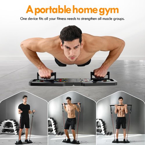 Push Up Board,Home Gym,Portable Exercise Equipment,Pilates Bar and 20 Fitness Accessories with Resistance Bands and Ab Roller Wheel,Full Body Workout at Home