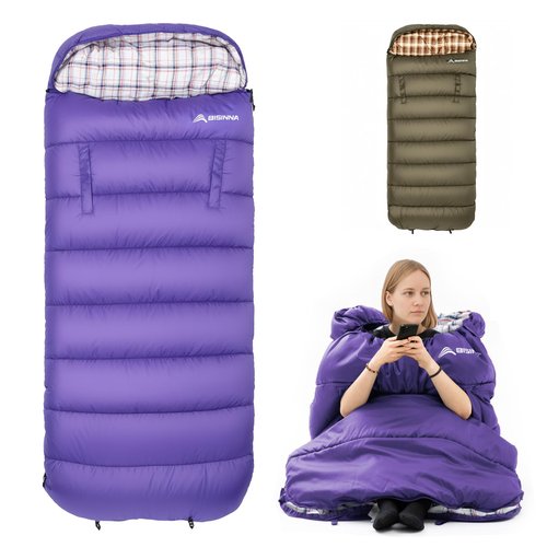 BISINNA Flannel XXL Sleeping Bag (90.55"x39.37") Wearable Sleeping Bag for Alults 3 Season with Pillow Compressdin Sack for Hiking Camping Backpacking Outdoor
