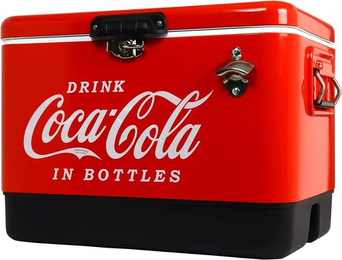 Coca-Cola Ice Chest Cooler - Portable Ice Bucket with Bottle Opener, Vintage Style, Insulated for Camping, Beach, Picnic, RV, BBQs, Tailgating, Fishing, Stainless Steel 85 Can Ice Box, 51L (54 qt)