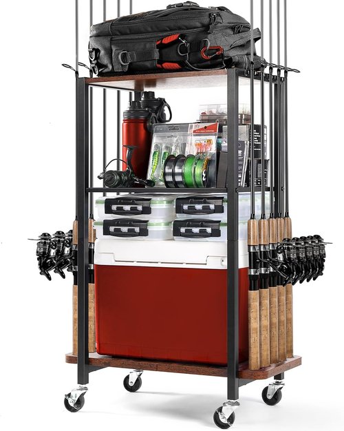 Ghosthorn Fishing Rod Holders for Garage Fishing Gear and equipment Rotating Tackle Storage Cart Pole Rod Rack Hold up to 10 Rods