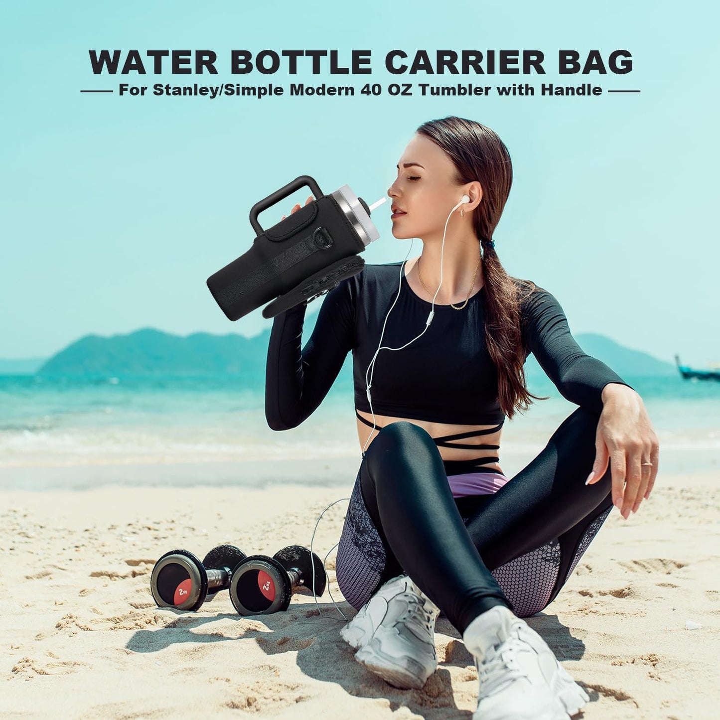 BULKITEM Water Bottle Carrier Bag with Phone Pocket for Black Stanley 40 oz Tumbler with Handle, Black Insulated Neoprene Cup Holder Pouch Strap for Valentines Stanley Cup Accessories