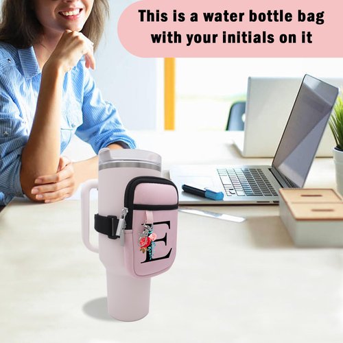 Initial A-Z Water Bottle Pouch for Stanley Cup Gym Tumbler Accessories, Compatible with Stanley Quencher Adventure IceFlow Yeti 40oz 30oz 20oz, Personalized Name ID Pocket for Cash, Phone, Key (E)