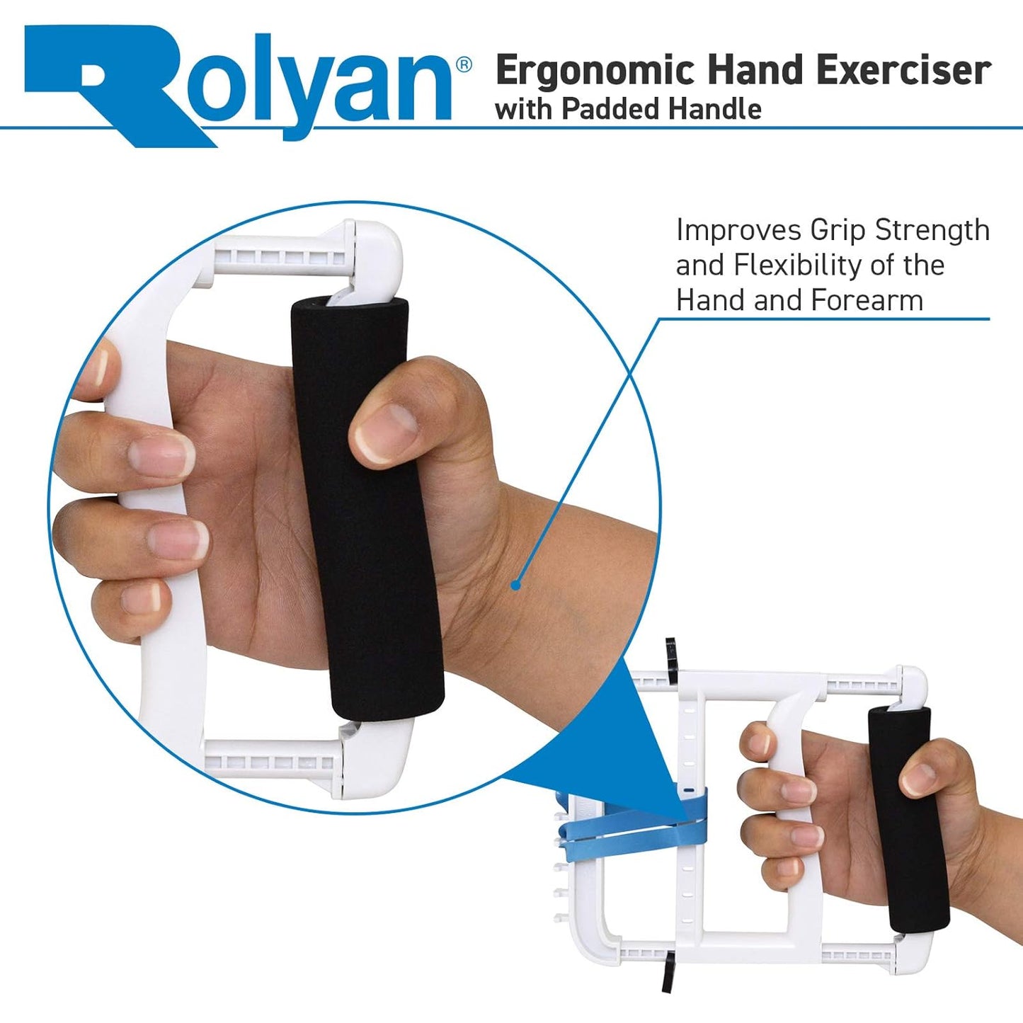 Rolyan Ergonomic Hand Exerciser with Padded Handle, Adjustable Squeeze Tool, 4 Pairs of Rubber Bands for Progressive Resistance, Improves Hand Grip Strength in Fingers, Hand, & Thumb, Blue