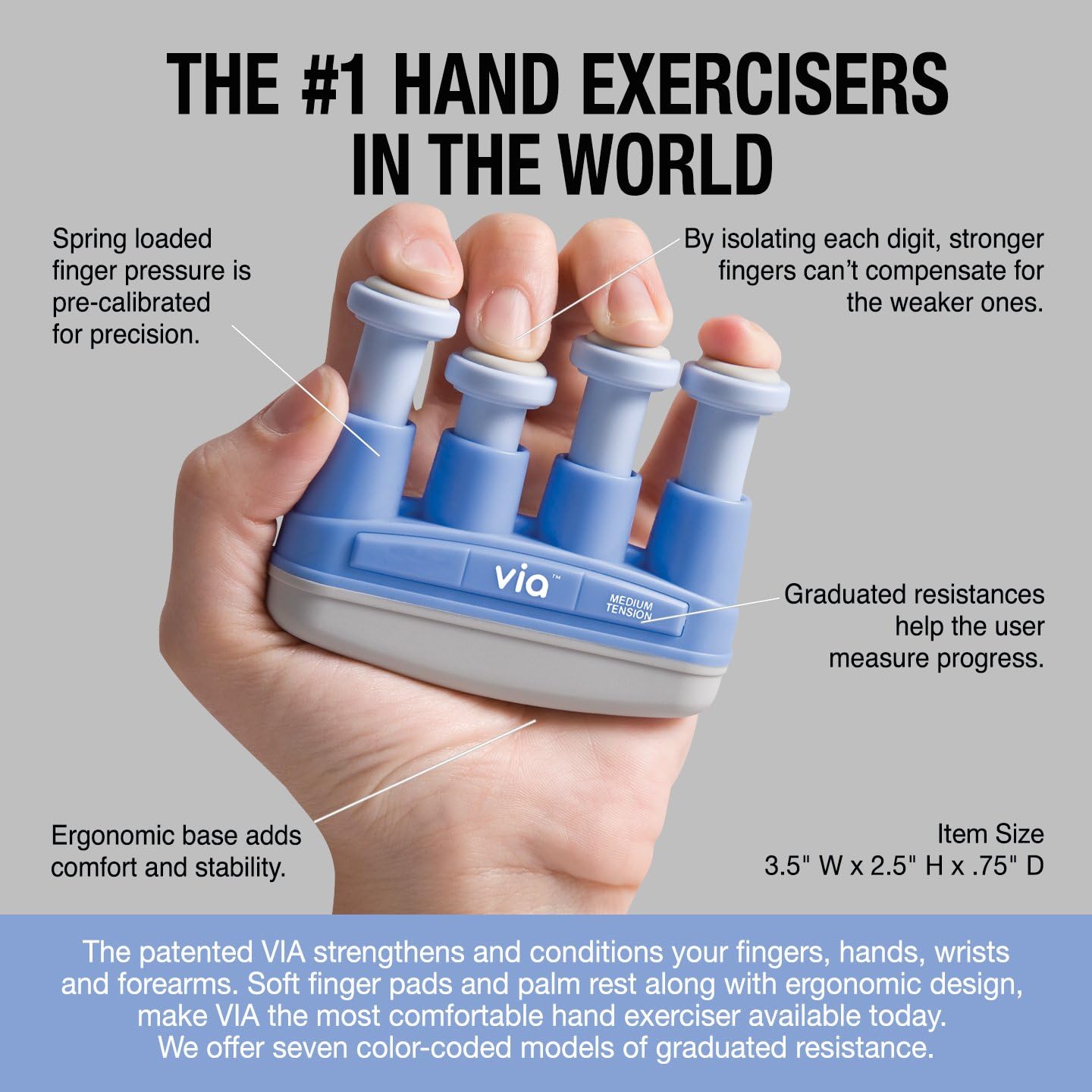 VIA Hand Exerciser, Finger Exerciser (Hand Grip Strengthener), Spring-Loaded, Finger-Piston System, Isolate and Exercise Each Finger