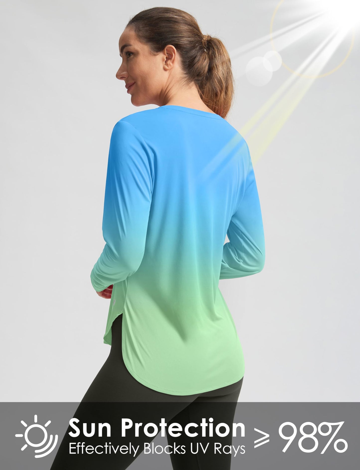 Women's Sun Shirts UPF 50+ Long Sleeve UV Protection Shirt Lightweight Quick Dry Workout Hiking Tops for Women(Green/Yellow Gradient,XXL)