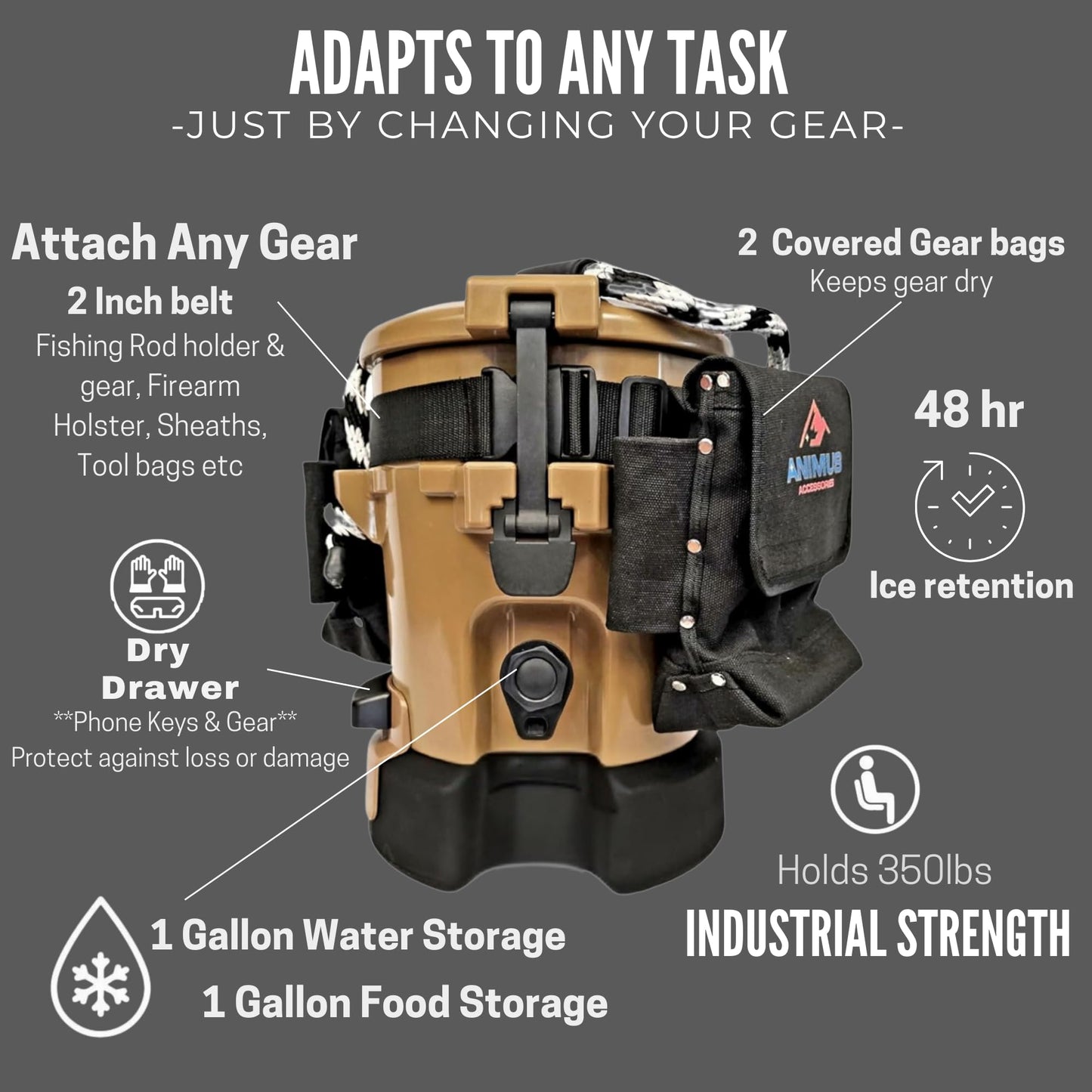 Animus Cooler- Work, Fishing, Hunting & Recreation-Durable Bucket Coolers with Organization. Food-Water-Gear Storage