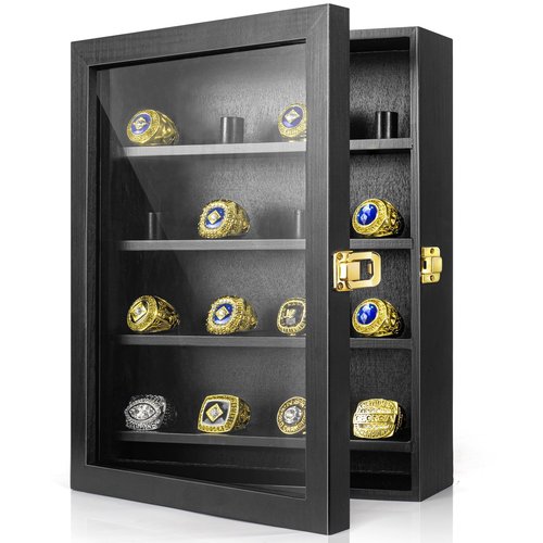 CollectHall Championship Ring Display Case, 16 Ring Posts, 10x12 Shadow Box, Baseball Ring Holder, Wall Mount, Black