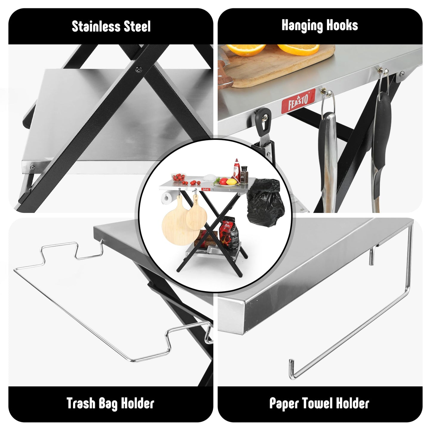 Feasto Outdoor Grill Table, Foldable Pizza Oven Stand & Griddle Stand with Garage Rack & Tissue Holder, Folding Outdoor Prep Table for Gathering and Party, 30" x 24", Stainless Steel