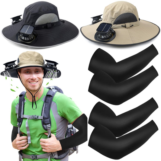 Glitopper 2 Set Wide Brim Solar Fan Hats with 2 Solar Fan and Arm Sleeves Set Outdoor Fishing Bucket Hat for Men Women Hiking(Dark Grey and Khaki,Simplicity)