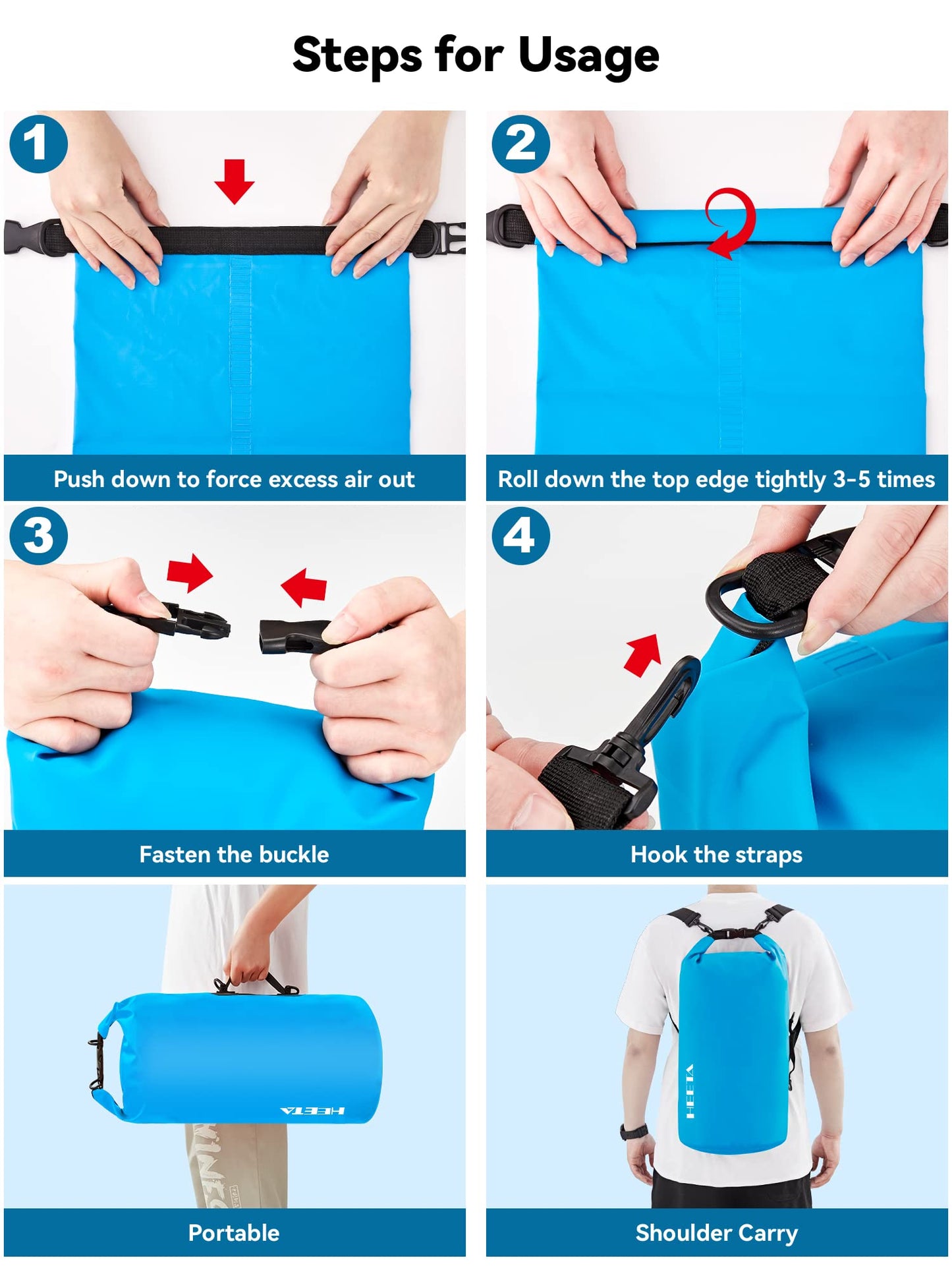 HEETA Waterproof Dry Bag for Women Men, Roll Top Lightweight Dry Storage Bag Backpack with Emergency Whistle for Travel, Kayaking, Boating, Camping, Beach, Cruise Ship Essentials (Blue, 20L)