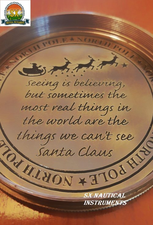 SX Nautical Instruments Christmas Brass Compass Gift Unique Design Engraved Santa Claus with Leather Case (Size:-3 inch)