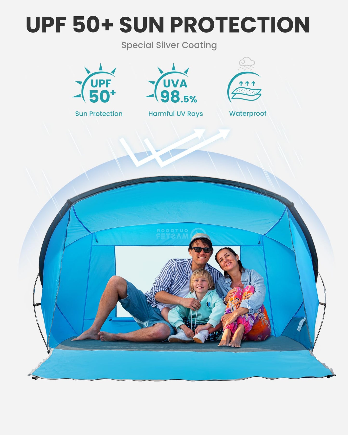 OutdoorMaster Beach Tent for 3-4 Person - Easy Setup and Portable Beach Shade Sun Shelter Canopy with UPF 50+ UV Protection Removable Skylight Family Size-Blue