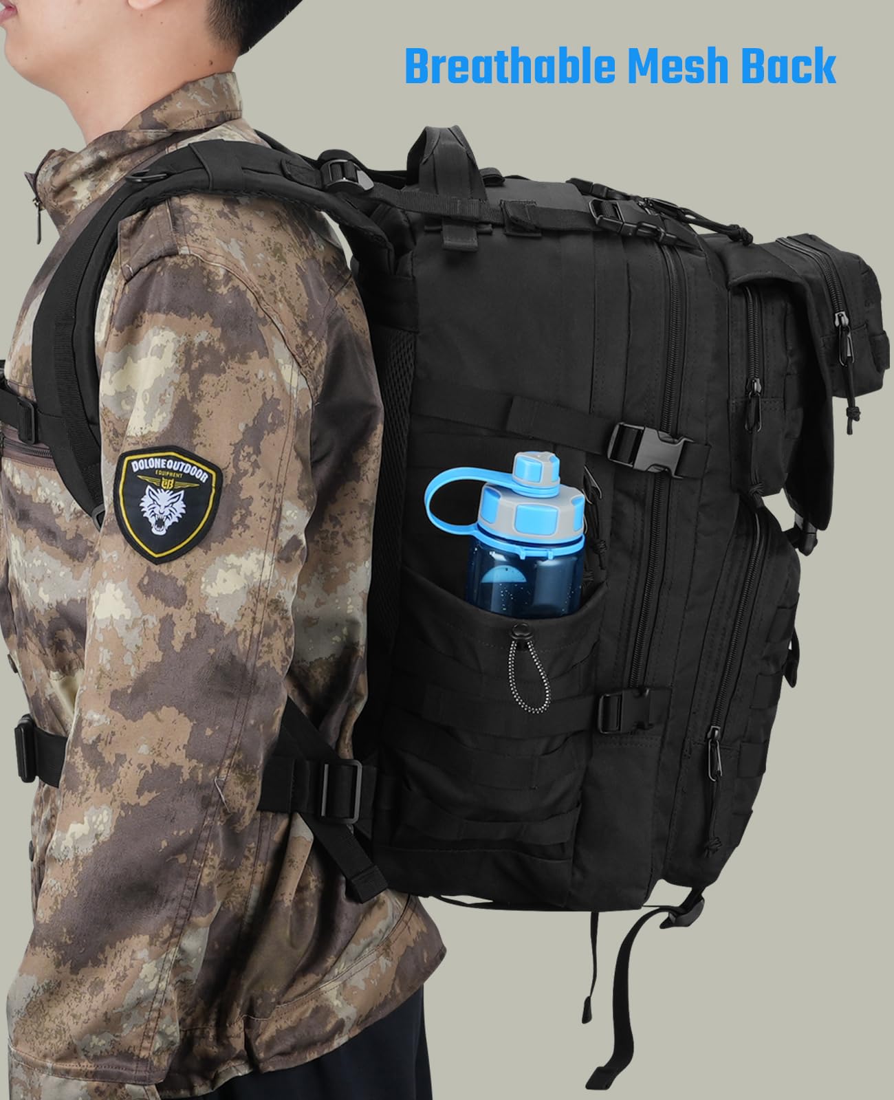 EZshoot Tactical Backpack, 45L Heavy Duty Military Backpack for Men, Army Molle 3 Days Assault Pack Bug Out Bag, Large Military Gear Travel Hiking Camping Sports Rucksack with Bottle Holder, Black