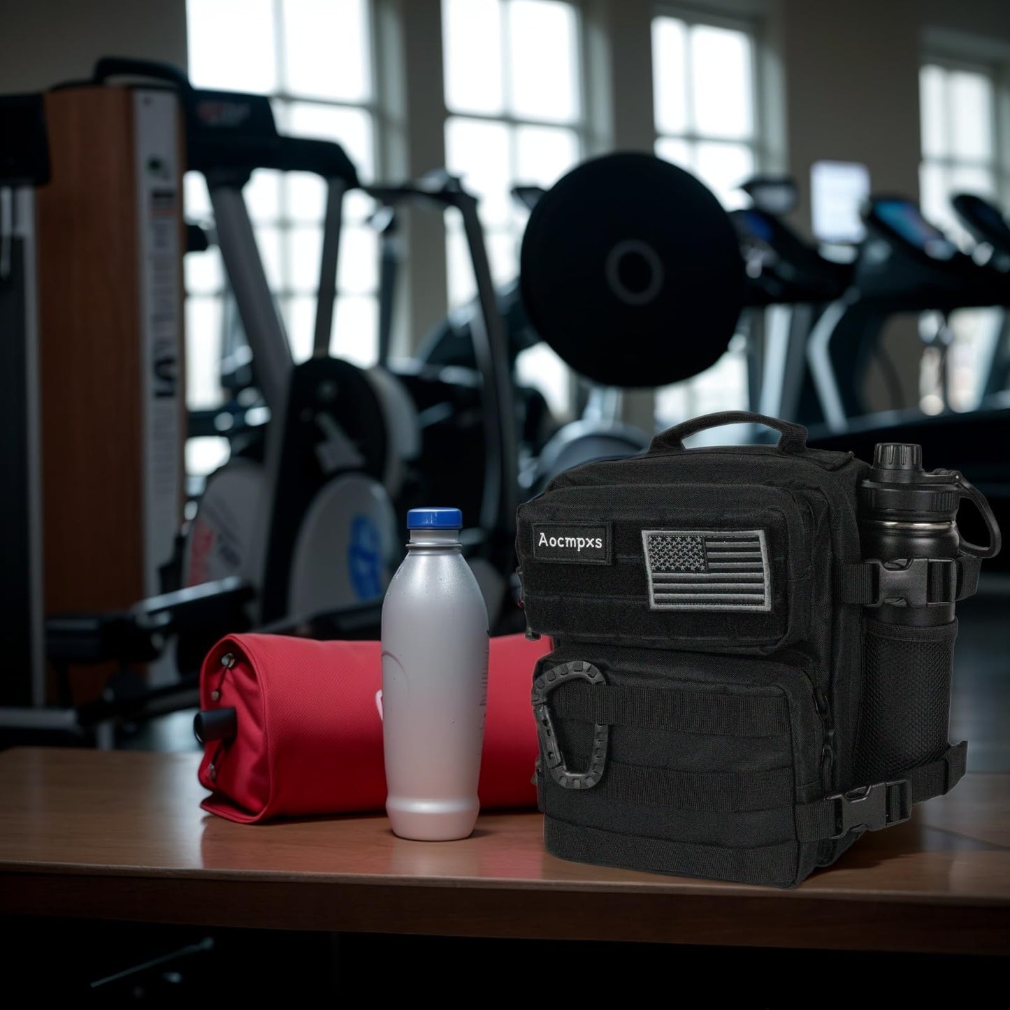 Aocmpxs Mini Tactical Backpack, 9L Small Gym Backpacks Sport Bag for Men Women Molle Military Pack with US Flag Patch and Carabiner (Black)