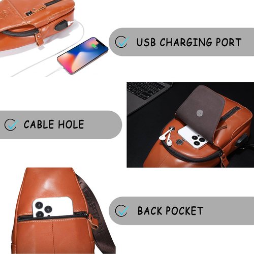 Cross Body Bag Genuine Leather Sling Bags for Men Shoulder Bag with USB Charging Port Backpack for Travel (Tan)