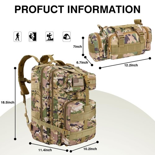 Sgorlds Large Military Camo Tactical Backpack and Tactical Cross Body Bag Set, Small Tactical Backpack for Men and Women, 3 Day Pack for Hiking Camping Travel Hunting Rucksack Trekking