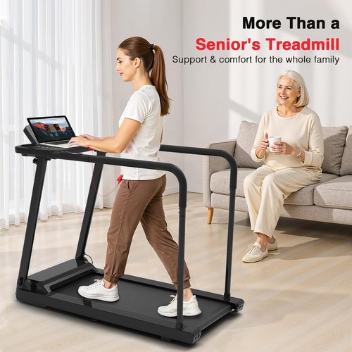 Redliro Treadmill for Seniors with Long Handrails - Flat 0% Incline Recovery Walking Treadmill with Desk, Cup Holder & Wheels - 300 lbs Capacity for Home Exercise