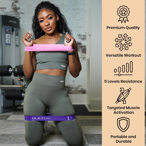 Built Exclusive Athletics - Mini Loop Resistance Bands 5 Levels - Portable Workout Bands for Legs Arms Glutes HIPS Squats Elastic Bands and Carry Bag