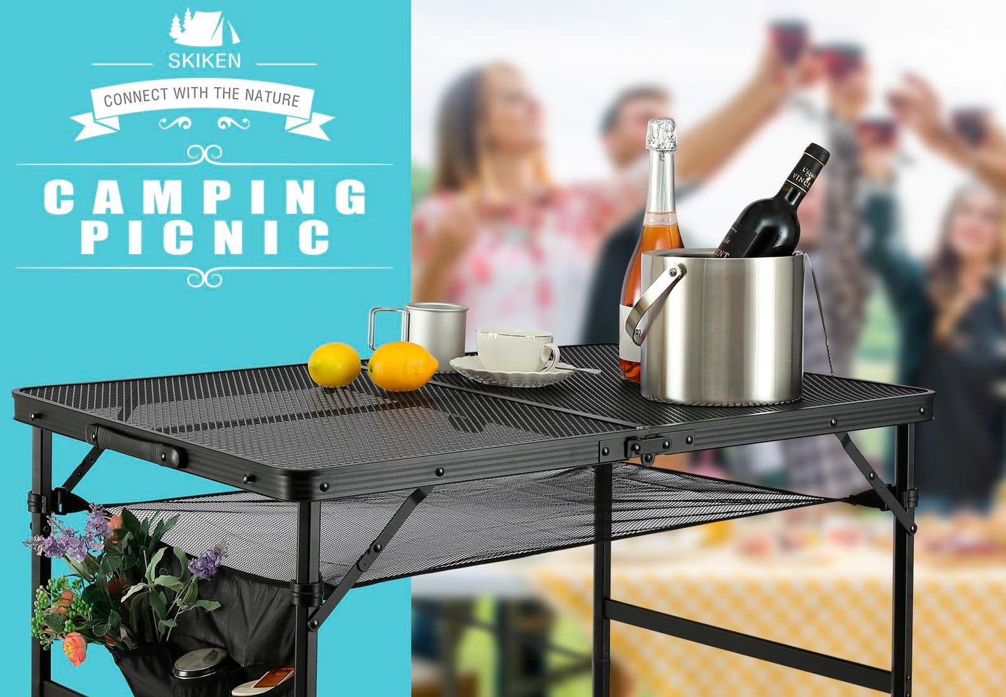 SKIKEN Folding Metal Camping Table with Mesh Layer, Portable & Lightweight Grill Table for Outdoor, 2 Adjustable Heights, Metal Mesh Tabletop for Camping Cooking, Medium Size (2.95 FT, Black)