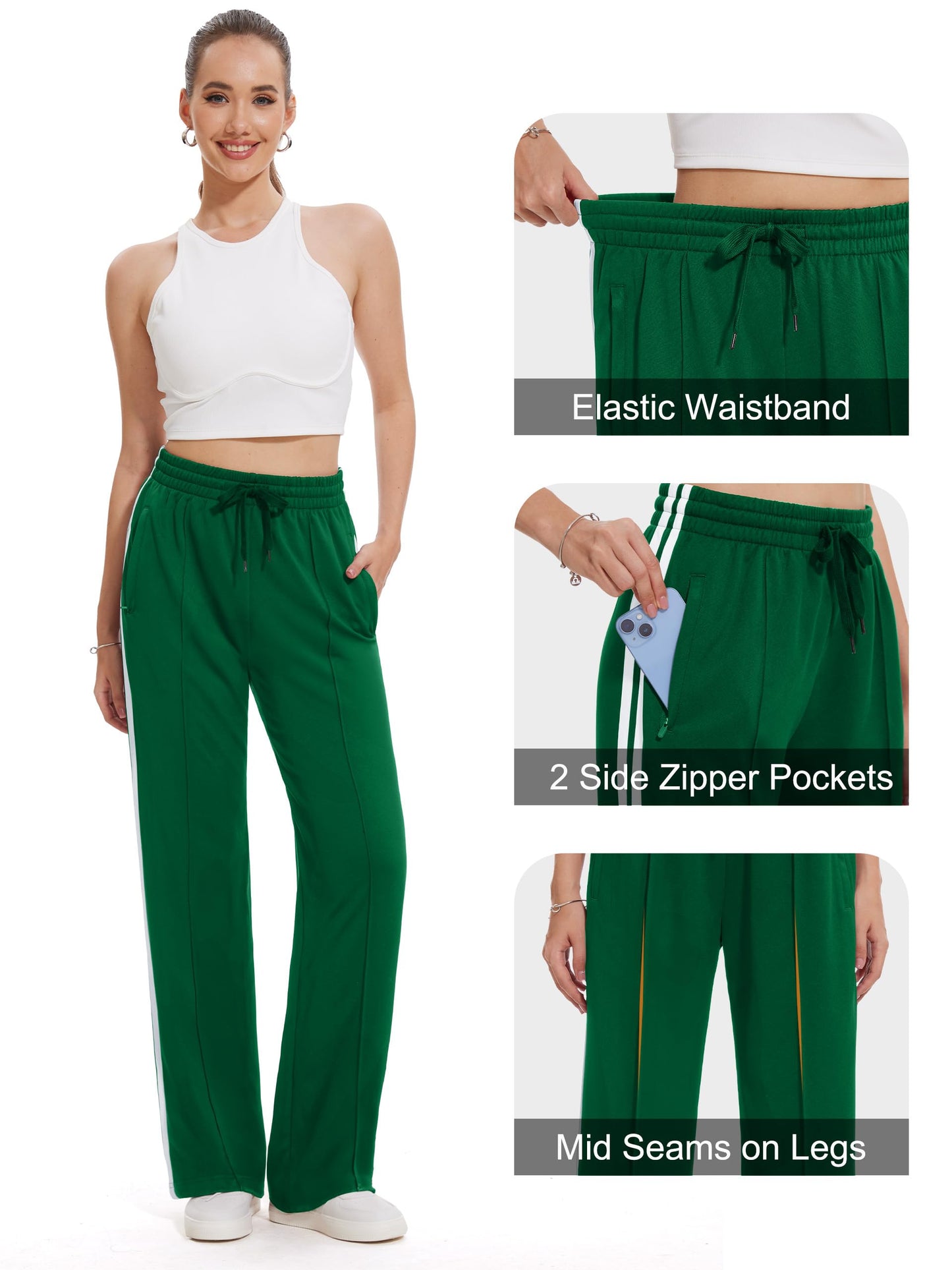 Tapata Tall Women 34" Inseam Warm Up Track Pants Wide Leg Sweatpants Lightweight Side Stripe Ladies Slacks Workout, Green, S