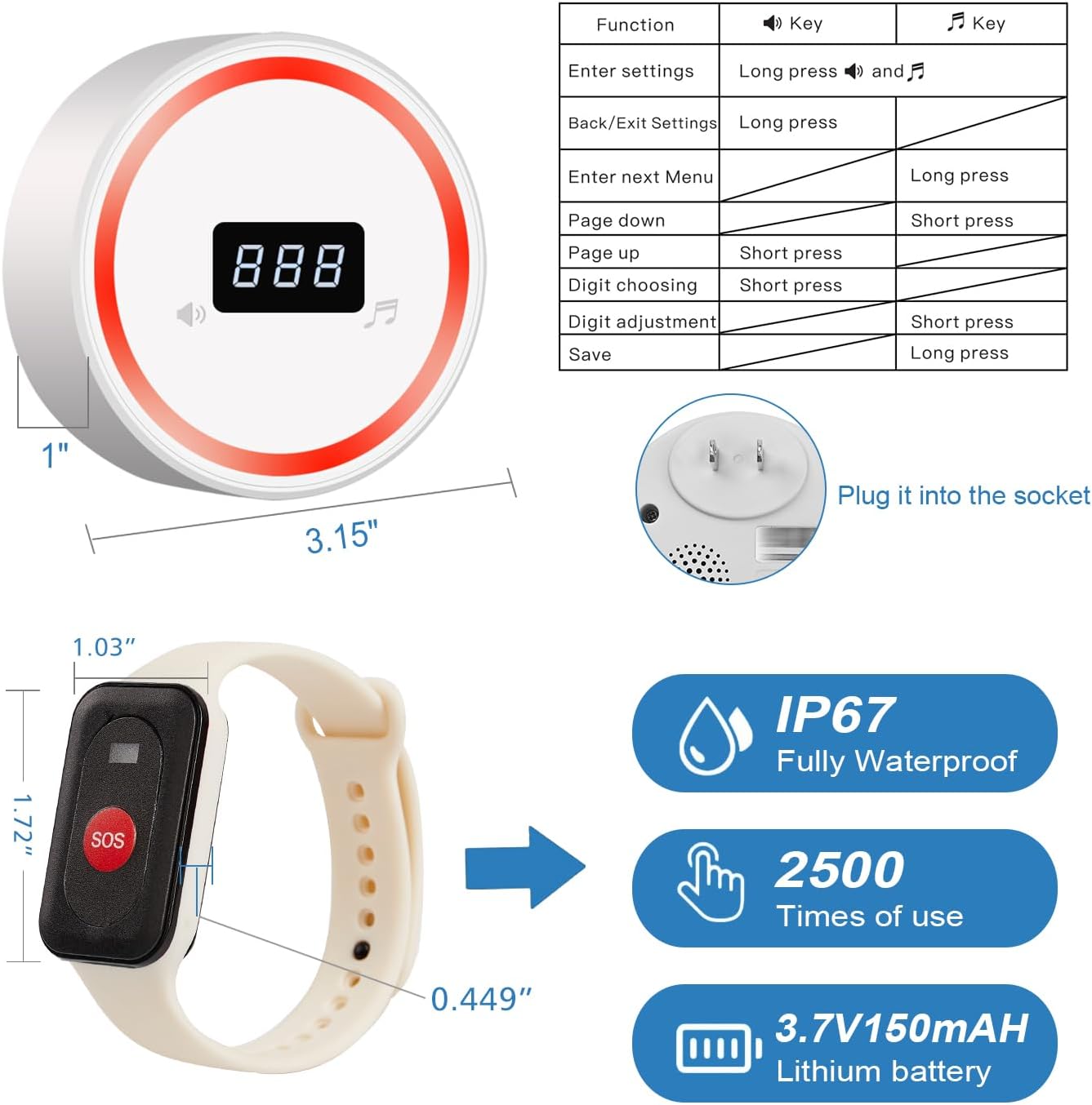 Wireless Caregiver Pager Call Button Emergency Calling System 328 Feet 1 Call Button/1 Watch Button/1 Receiver Nurse Alert System for Elderly Patient Disabled (1 Red H1+1 3DB+M2)