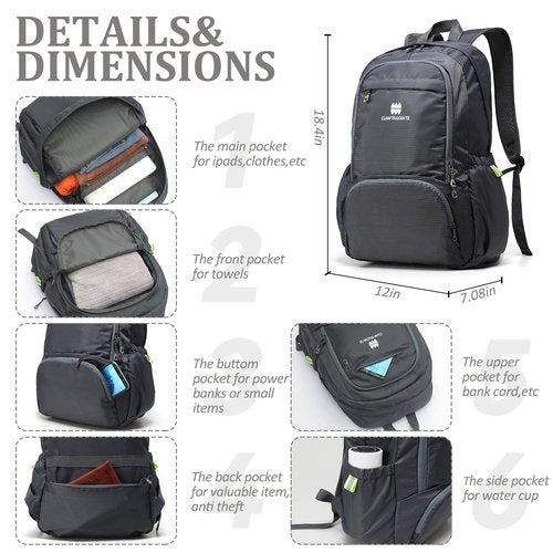 CLANTRILOBITE Lightweight Packable Travel Backpack, 30L Grey Daypack Hiking Backpack for Women Men, Waterproof and Foldable, Travel Backpack Carry on Flight Approved