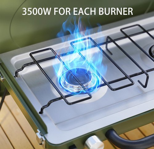 ONLYFIRE Portable Camping Stove 2-Burner, Propane Camp Stove with Foldable Legs, Camping Grill Stove with Adjustable Burners, Heavy-Duty Latch & Handle for Camping Tailgating RV BBQ, Green