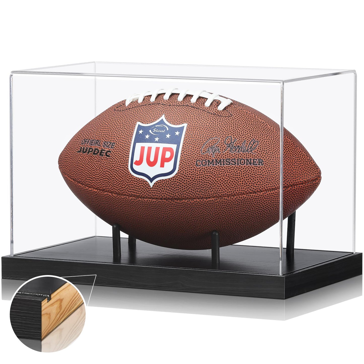 JupDec Football Display Case Full Size, Acrylic Clear Box with Wood Stand, UV Protected Memorabilia Holder, for Football Fans & Collectors, Sports Collectibles, No Assembly Required, Black