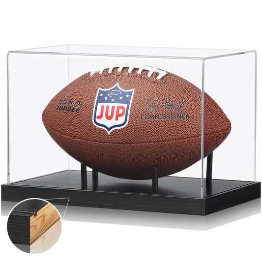 JupDec Football Display Case Full Size, Acrylic Clear Box with Wood Stand, UV Protected Memorabilia Holder, for Football Fans & Collectors, Sports Collectibles, No Assembly Required, Black