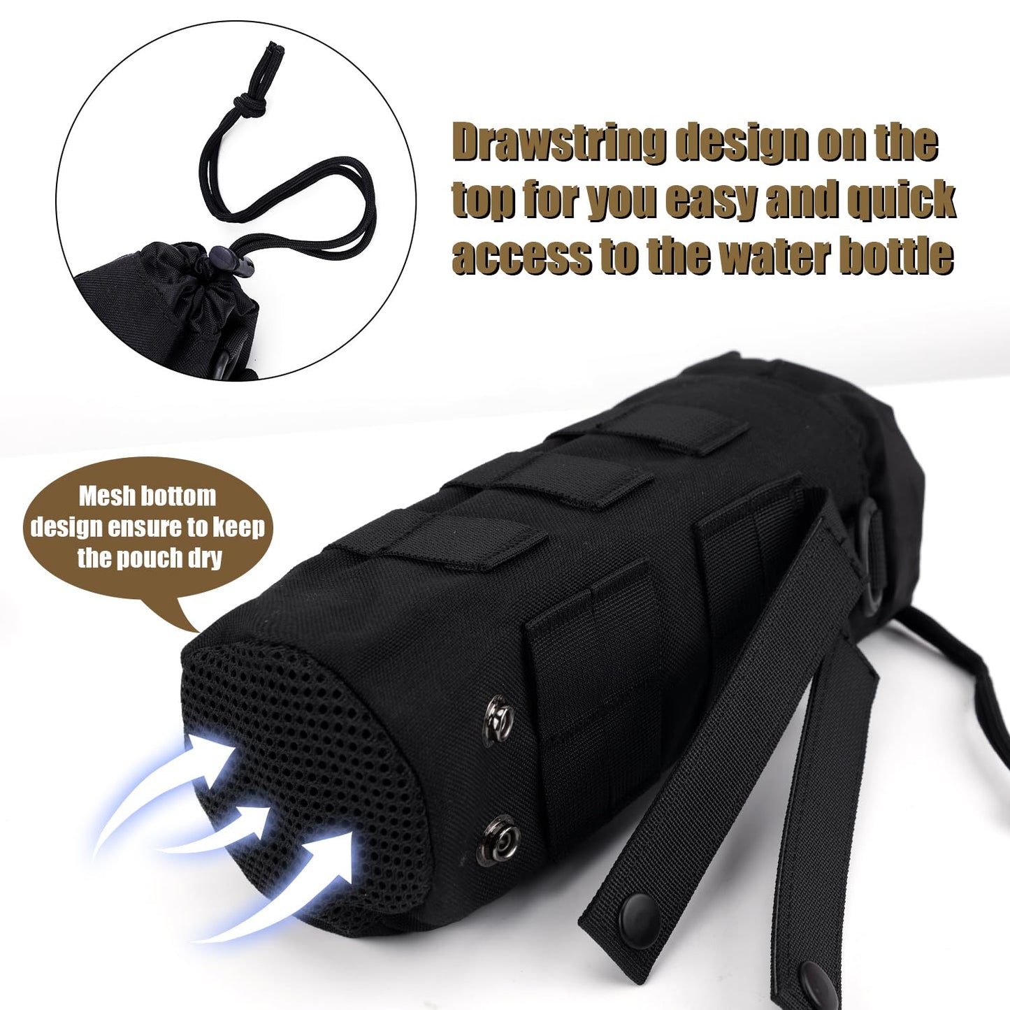 PEUTIER 2pcs Molle Water Bottle Holder, 1000D Nylon Sports Molle Bottle Pouch Carrier Bag with Drawstring Top Mesh Bottom Practical Molle Cup Holder for Outdoor Camping (Black)