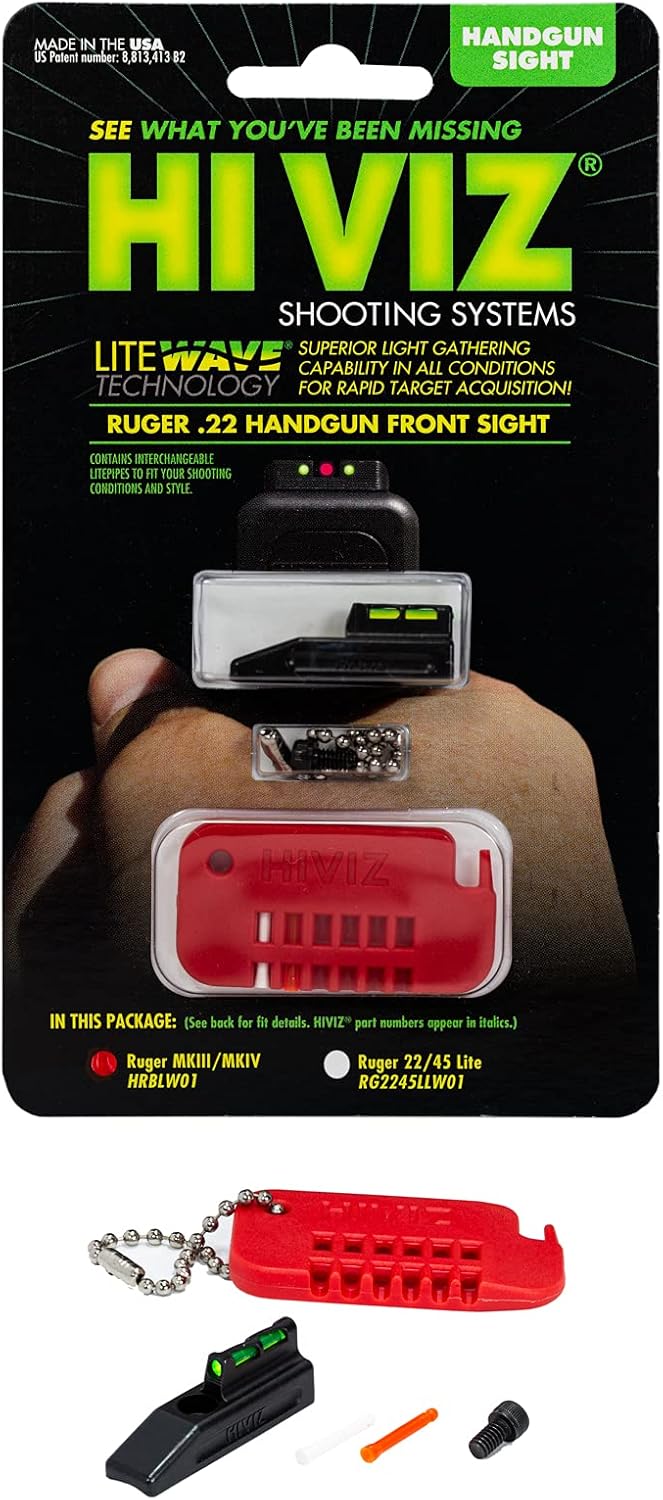 HIVIZ HRBLW01 Ruger Mark II and Mark III Interchangeable LITEWAVE Front Handgun Sight Green, Red, and White, One Size