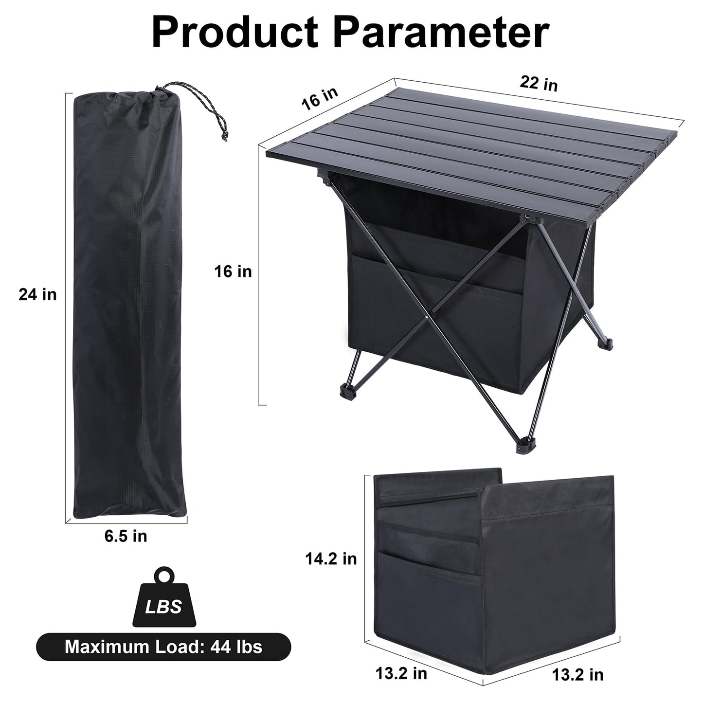 Camping Table Folding Beach Table, Small Folding Table Portable with High-Capacity Storage and Carry Bag for Outdoor Camping, Traveling, Hiking, Fishing, Beach, BBQ, Picnics, Cooking, Black