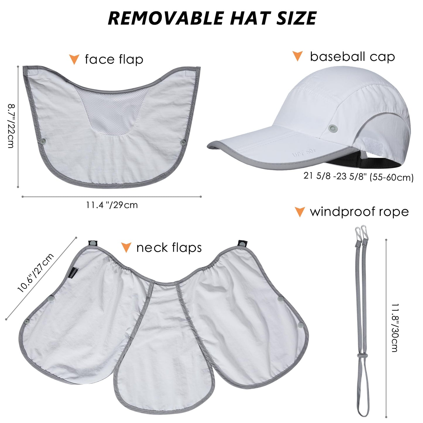 GADIEMKENSD Foldable Fishing Sun Hat with Neck Flap Face Cover Sun Protection Cool Baseball Cap Adjustment Covering Removable Legion Hat for Fishing Gardening Hiking Golf White