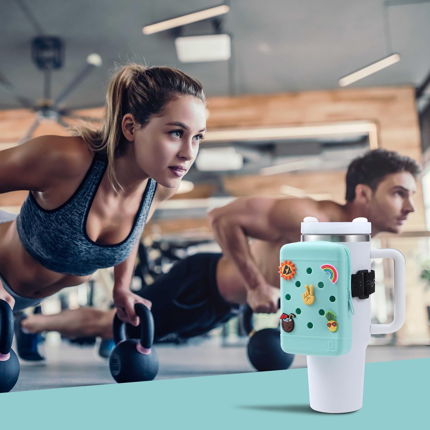 HCVUINL Silicone Water Bottle Pouch with 5 Charms, Handheld Caddy for Quencher Adventure 40oz & Stanley IceFlow 20oz 30oz, Tumbler Pouch Sports Gym Bottle Accessories, Green